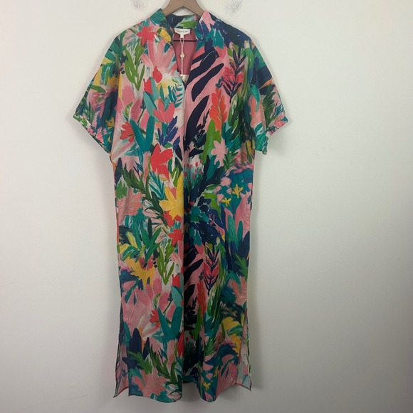 entro Dresses & Skirts - Entro Floral Maxi Dress Coral Combo Cotton Split Neck Large NEW